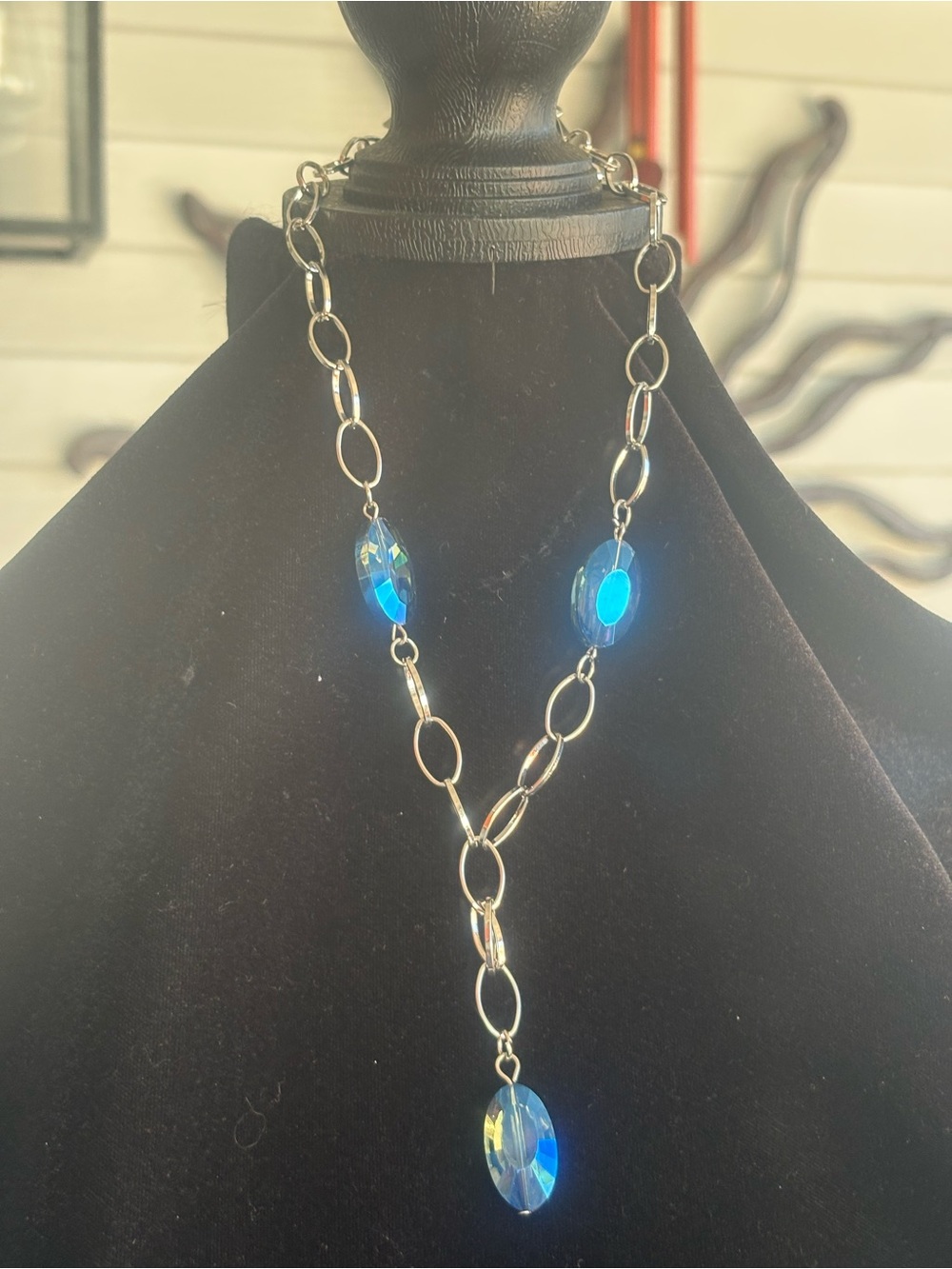 Silver Chain Necklace with Blue Crystal Accent
